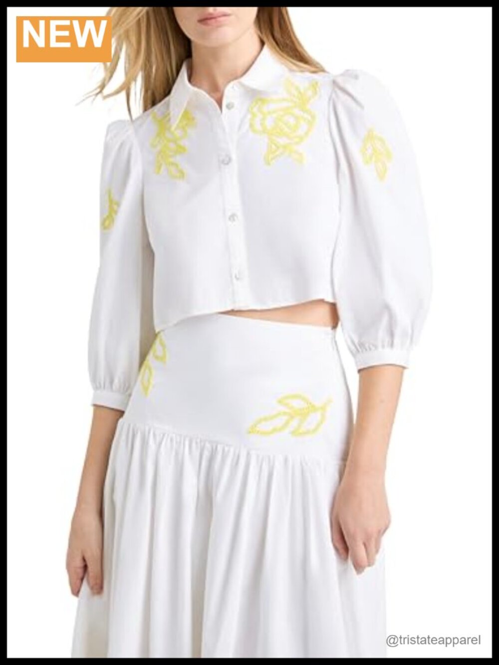 Cinq à Sept Tilda Top Cotton Button-Down Blouse Puff Sleeve Cropped